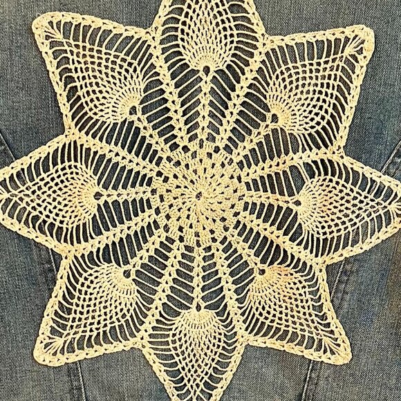 Stretch Denim Distressed Jacket "Embellished" w/Lace, Dollies & Antique Trim. - Picture 6 of 12